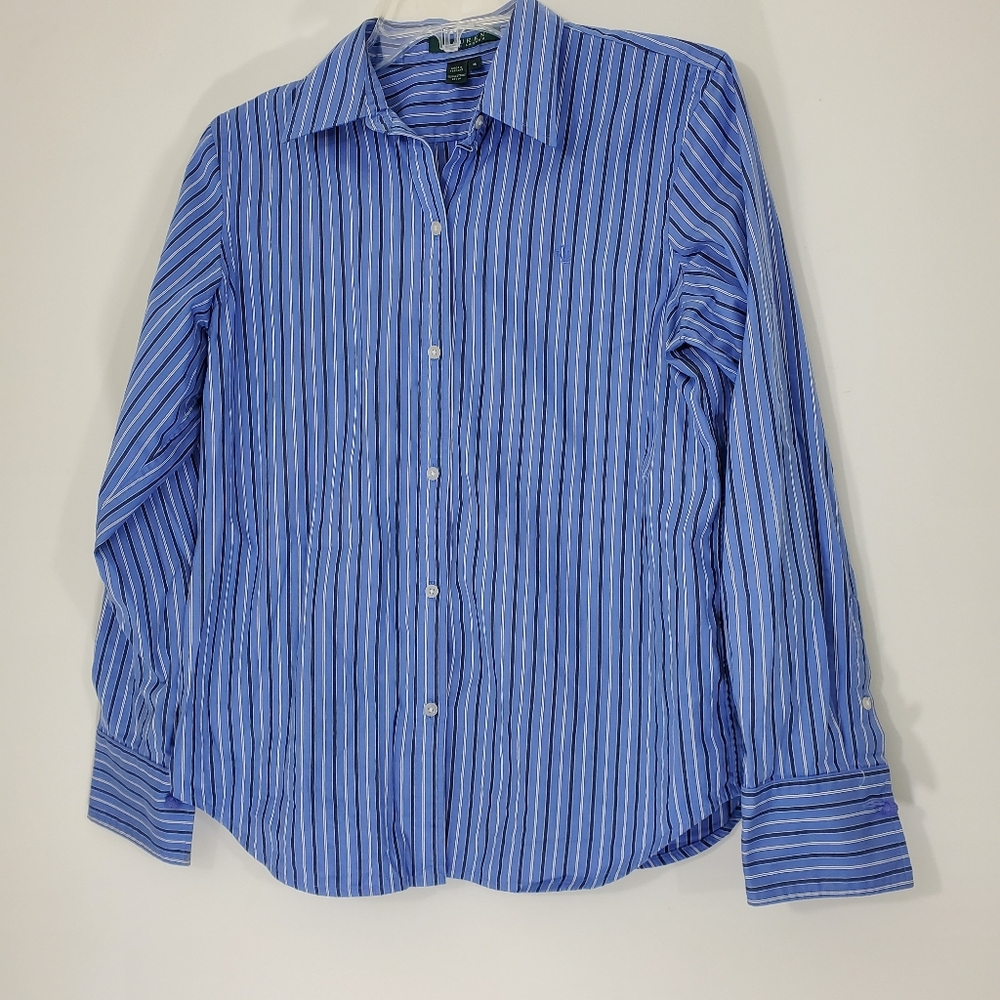 Lauren Ralph Lauren Blue Striped Shirt, Size Medium
